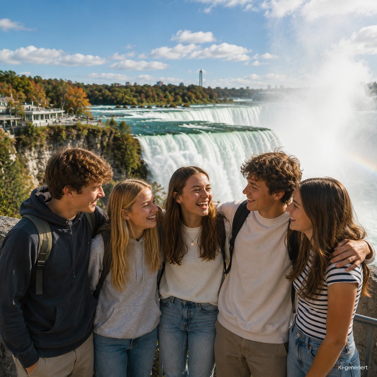 Eine Gruppe von Teenager steht vor den Niagarafällen in Kanada