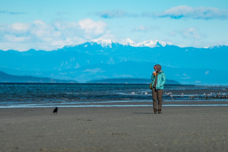 Eine Person am Strand mit Bergen im Hintergrund beim Work and Travel Programm in Kanada mit AIFS
